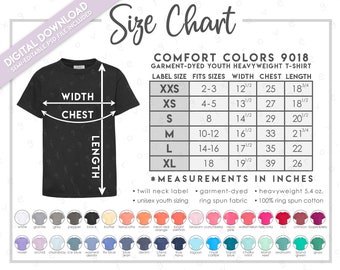 Comfort Colours 9018 Tableau des tailles + couleurs • T-shirt épais teint en pièce pour jeune • Tableau des tailles 9018 Tableau des couleurs • 9018 Tableau des tailles • CC9018