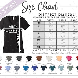 Semi-Editable District DM1170L Size + Color Chart • District Women's Perfect Weight V-Neck Tee Size Chart • DM 1170L Size Chart