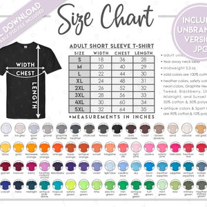 May include: A size chart for adult short sleeve t-shirts with measurements in inches. The chart shows the width, chest, and length of the shirts in sizes S through 5XL. The chart also includes a color chart with a variety of colors, including white, ash, ice grey, sport grey, gravel, graphite heather, dark heather, charcoal, tweed, black, dark chocolate, russet, brown savanna, sand, natural, old gold, yellow haze, cornstalk, daisy, gold, Tennessee orange, safety orange, Texas orange, antique orange, sunset orange, tangerine, coral, light pink, azalea, safety pink, heliconia, heather red, red, antique cherry red, cardinal, garnet, maroon, berry, heather radiant orchid, blackberry, purple, lilac, violet, light blue, cardinal blue, sky, neon blue, heather sapphire, sapphire, antique sapphire, indigo blue, heather navy, navy, midnight, antique jade dome, tropical blue, safety green, neon green, lime, electric green, irish green, antique green, turf green, mint green, kiwi, military green, heather military green, and forest green.