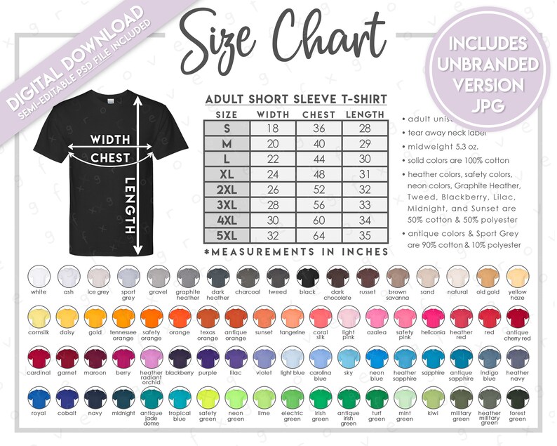 May include: A size chart for adult short sleeve t-shirts with measurements in inches. The chart shows the width, chest, and length of the shirts in sizes S through 5XL. The chart also includes a color chart with a variety of colors, including white, ash, ice grey, sport grey, gravel, graphite heather, dark heather, charcoal, tweed, black, dark chocolate, russet, brown savanna, sand, natural, old gold, yellow haze, cornstalk, daisy, gold, Tennessee orange, safety orange, Texas orange, antique orange, sunset orange, tangerine, coral, light pink, azalea, safety pink, heliconia, heather red, red, antique cherry red, cardinal, garnet, maroon, berry, heather radiant orchid, blackberry, purple, lilac, violet, light blue, cardinal blue, sky, neon blue, heather sapphire, sapphire, antique sapphire, indigo blue, heather navy, navy, midnight, antique jade dome, tropical blue, safety green, neon green, lime, electric green, irish green, antique green, turf green, mint green, kiwi, military green, heather military green, and forest green.