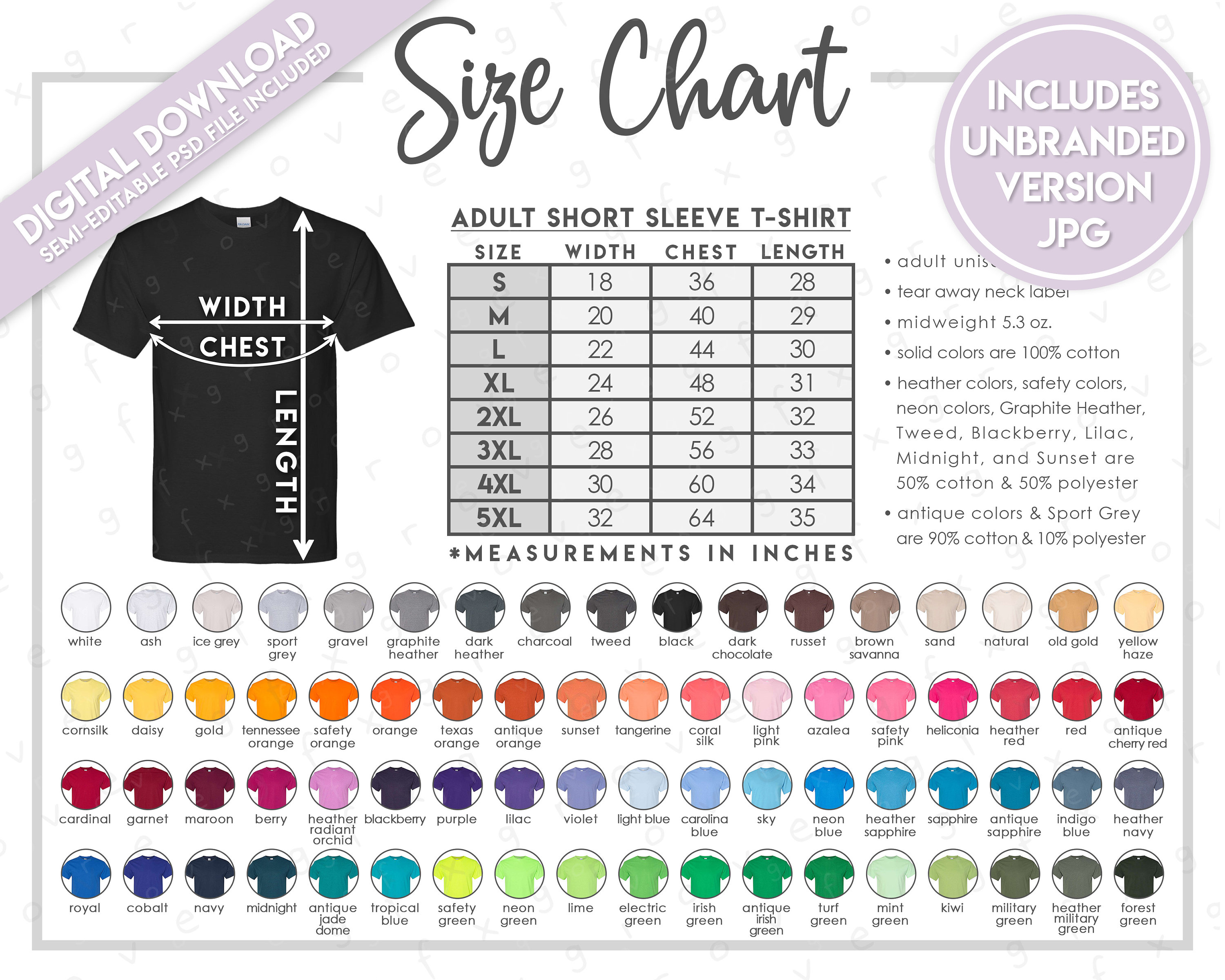 Semi-editable G500 Size Chart + Color Chart • Gildan Heavy Cotton