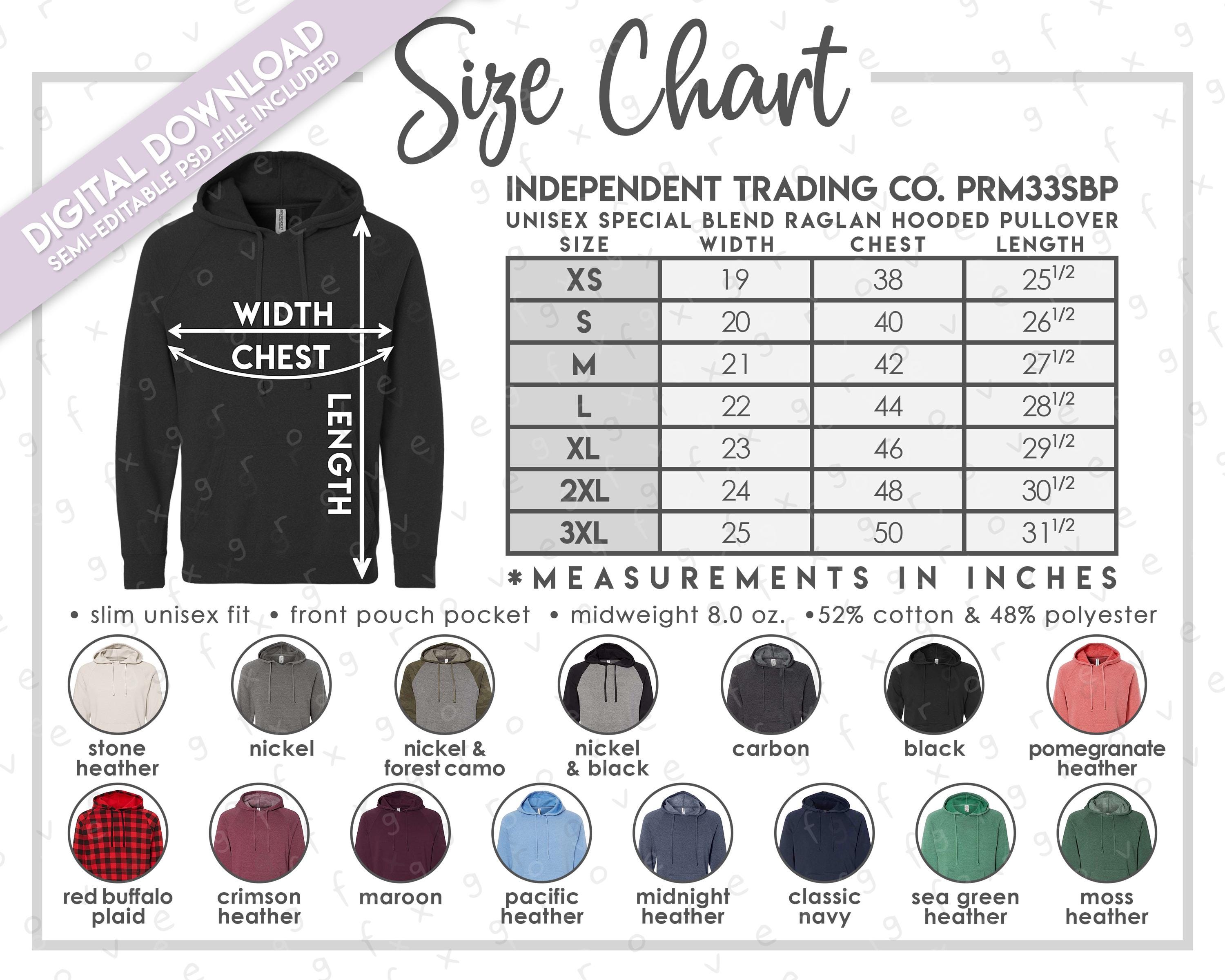 Semi-editable Independent Trading Co. PRM33SBP Size + Color Chart