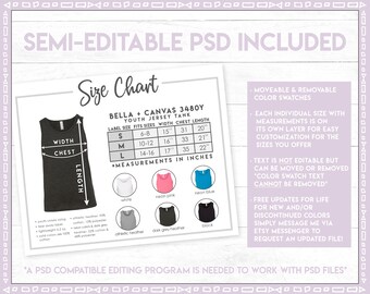 Semi-editable Bella + Canvas 3480Y Size + Color Chart