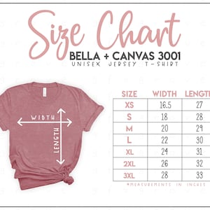 Tabela de tamanhos Bella + Canvas 3001 - Tabela de tamanhos de camisetas Bella Canvas - Tamanhos Bella Canvas - Tabela de tamanhos de camisetas Bella e Canvas