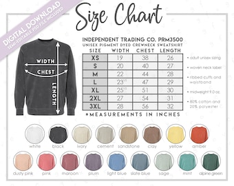 Semi-Editable Independent Trading Co. PRM3500 Size + Color Chart • Independent Trading Company Pigment Dyed Sweatshirt • PRM3500 Size Chart