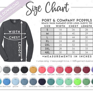 Semi-Editable Port & Company PC099LS Size + Color Chart • Beach Wash Garment Dyed Long Sleeve Tee Size Chart • PC099LS Size Chart • PC 099LS