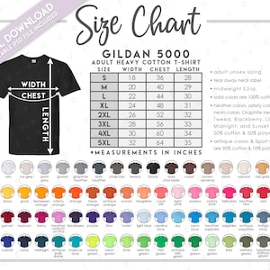 Semi-editierbare G500-Größentabelle + Farbtabelle • Gildan Heavy Cotton Erwachsenen-T-Shirt-Größentabelle • Gildan 5000-Größentabelle Zentimeter • 5000 cm