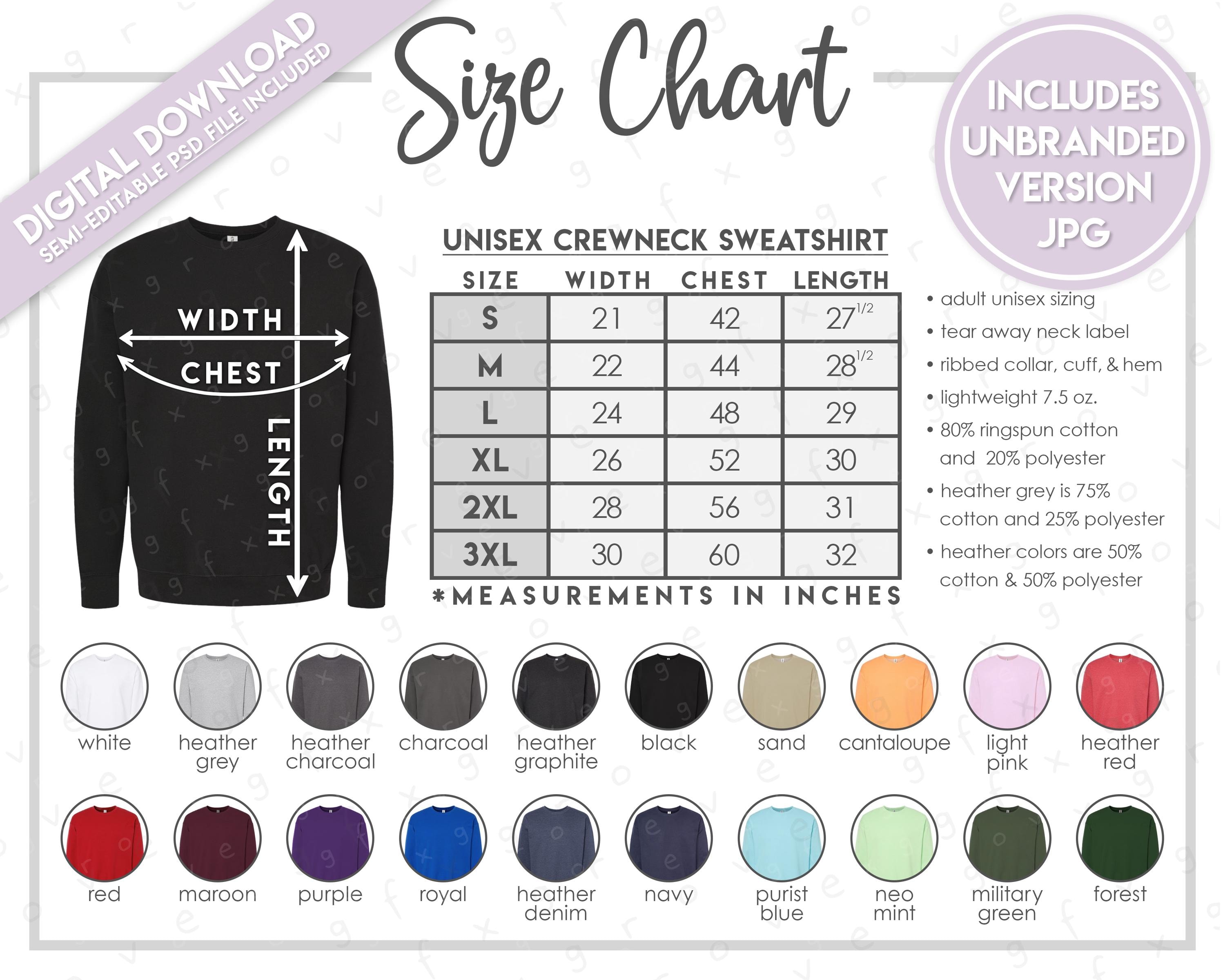 Semi-editable Tultex 340 Size + Color Chart • Tultex Unisex Fleece
