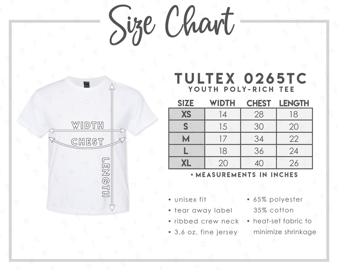 Tultex 0265TC Size Chart • Tultex Youth Polyrich Short Sleeve Tshirt