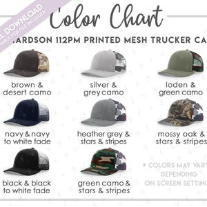 Tabla de colores semieditable de Richardson 112PM • Tabla de colores de gorras de camionero de malla estampada de Richardson • Guía de colores de gorras de camionero de Richardson