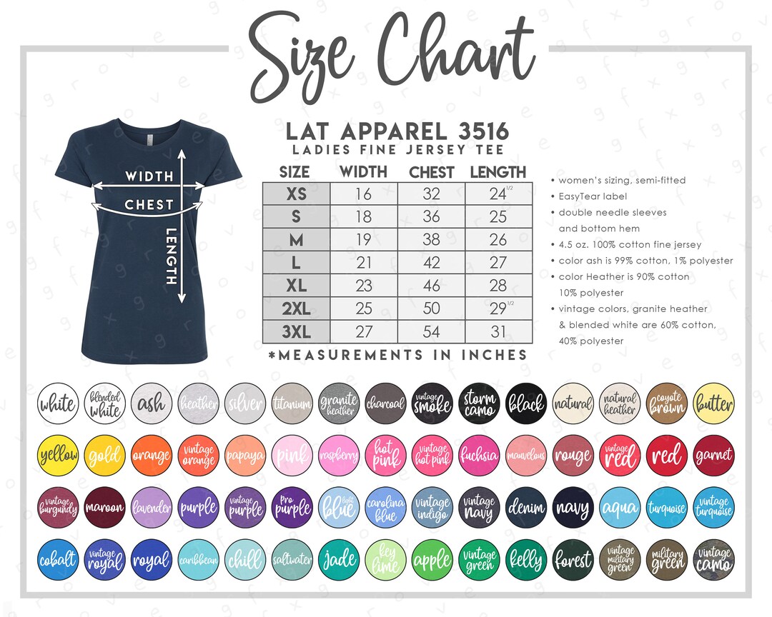 LAT Apparel 3516 Size Color Chart LAT Ladies Fine Jersey Tee Size Chart ...