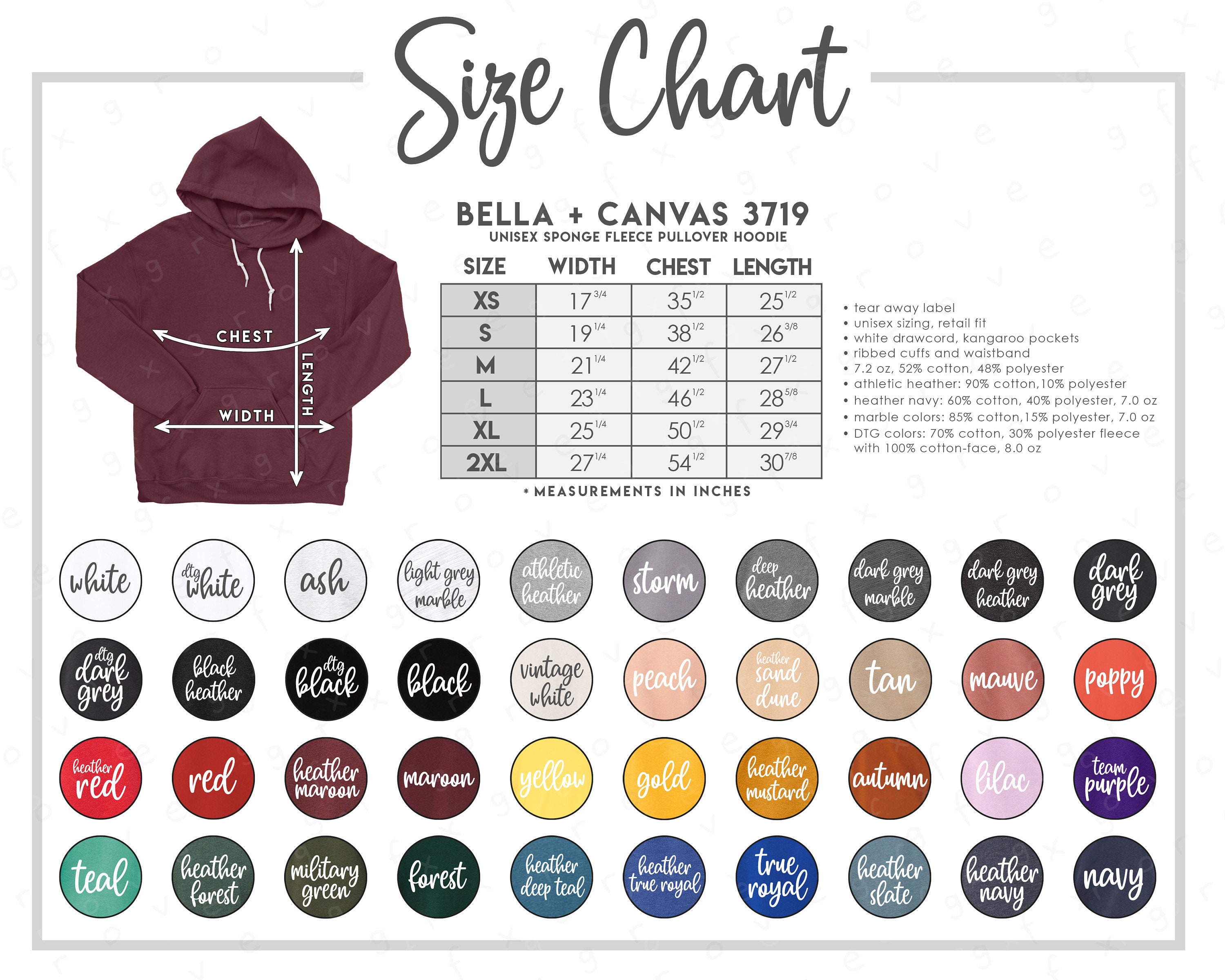Bella Canvas 3719 Size Color Chart 40 COLORS Bella | Etsy