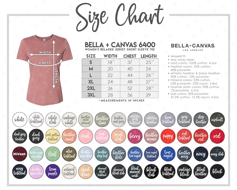 Download Bella Canvas 6400 Size Color Chart ALL 52 COLORS Bella | Etsy