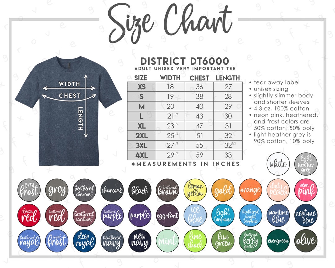 District DT6000 Size Color Chart District Very Important Tee Size Chart ...