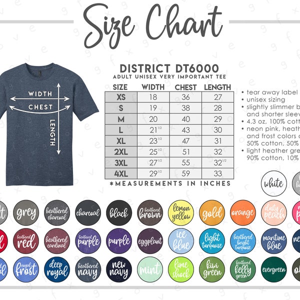 Tabla de tallas y colores de District DT6000 • Tabla de tallas de camisetas muy importantes de District • Tabla de colores de camisetas muy importantes de District