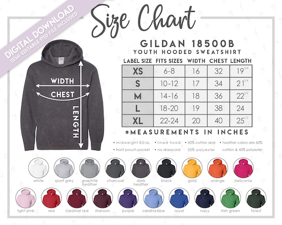 Semi-editable Gildan 18500B Size Chart Color Chart Gildan - Etsy Australia