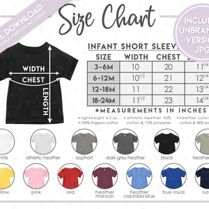 May include: Size chart for infant short sleeve shirts with measurements in inches. The chart shows sizes from 3-6 months to 18-24 months, with corresponding width, chest, and length measurements. The chart also includes a color guide with 12 different colors.