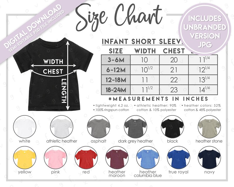 May include: Size chart for infant short sleeve shirts with measurements in inches. The chart shows sizes from 3-6 months to 18-24 months, with corresponding width, chest, and length measurements. The chart also includes a color guide with 12 different colors.