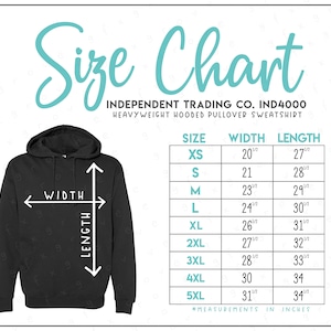 Puede incluir: Tabla de tallas para una sudadera con capucha de peso pesado. La tabla muestra las tallas XS a 5XL con las medidas de ancho y largo correspondientes en pulgadas.