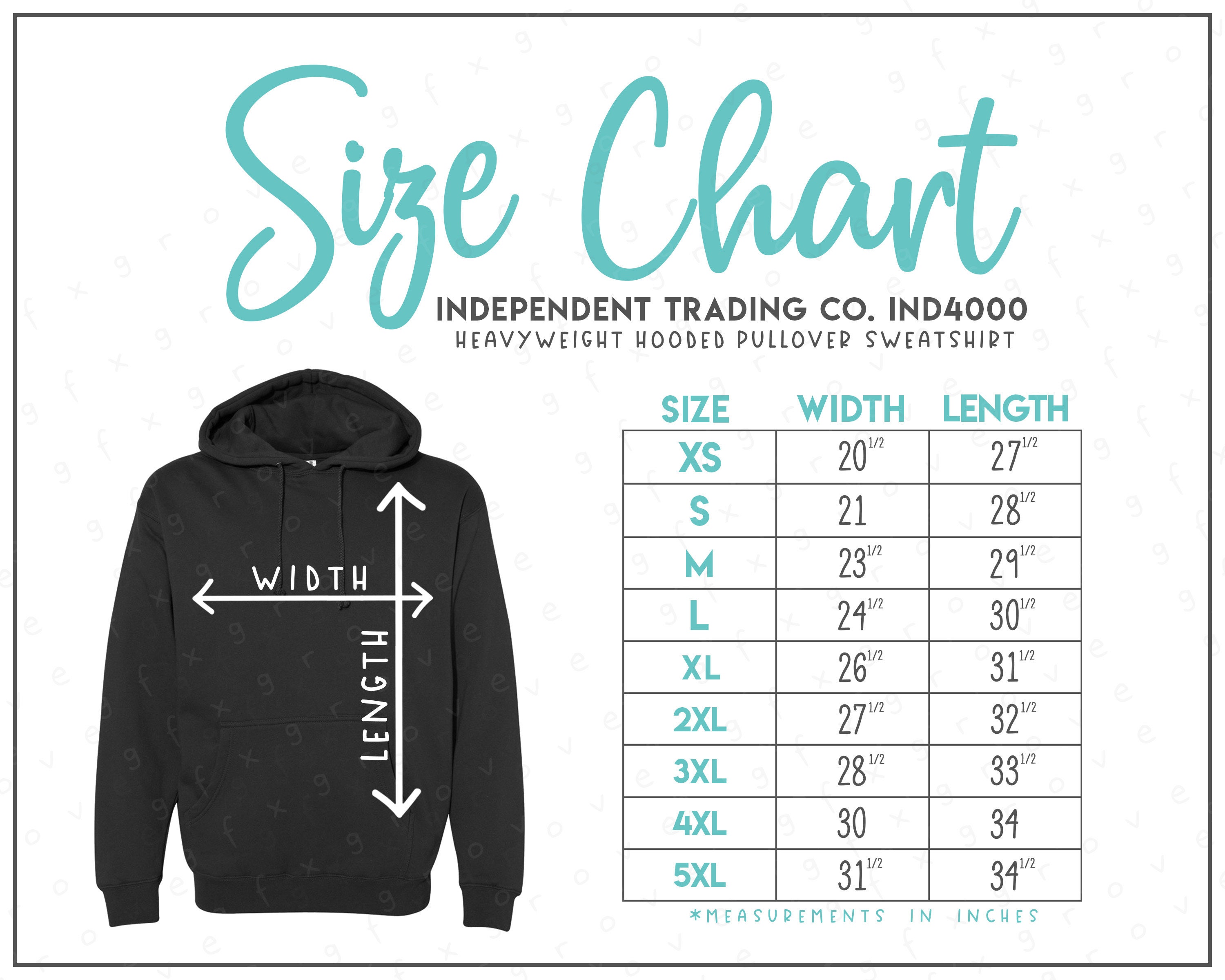 Independent Trading Co. IND4000 Size Chart Independent Trading Co.  Heavyweight Hooded Pullover IND4000 