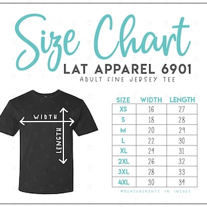 Puede incluir: Tabla de tallas para camiseta de jersey fino para adultos, que muestra las tallas XS a 4XL con las medidas de ancho y largo correspondientes en pulgadas.