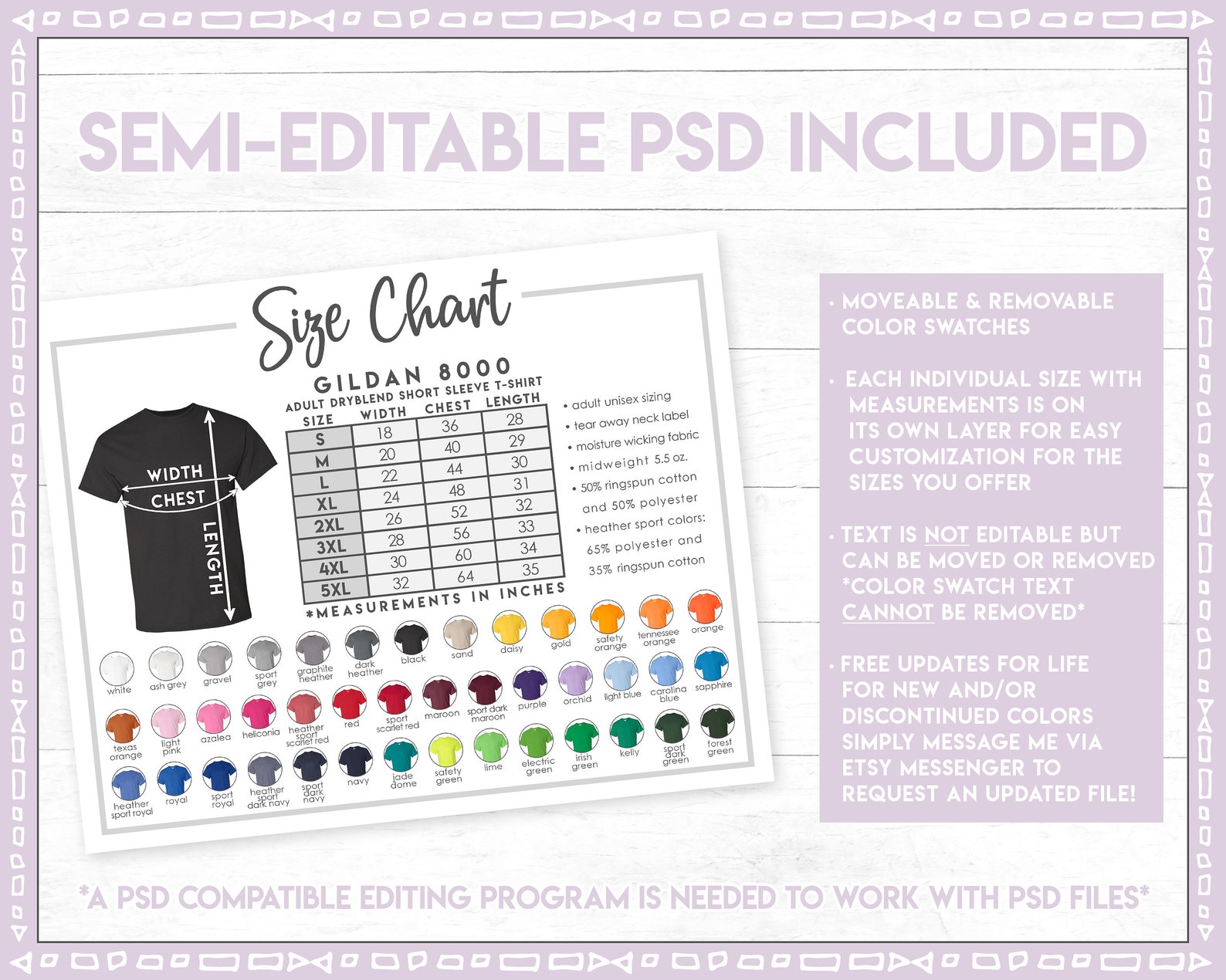 Semieditable Gildan 8000 Size Chart + Color Chart • Gildan Dryblend T