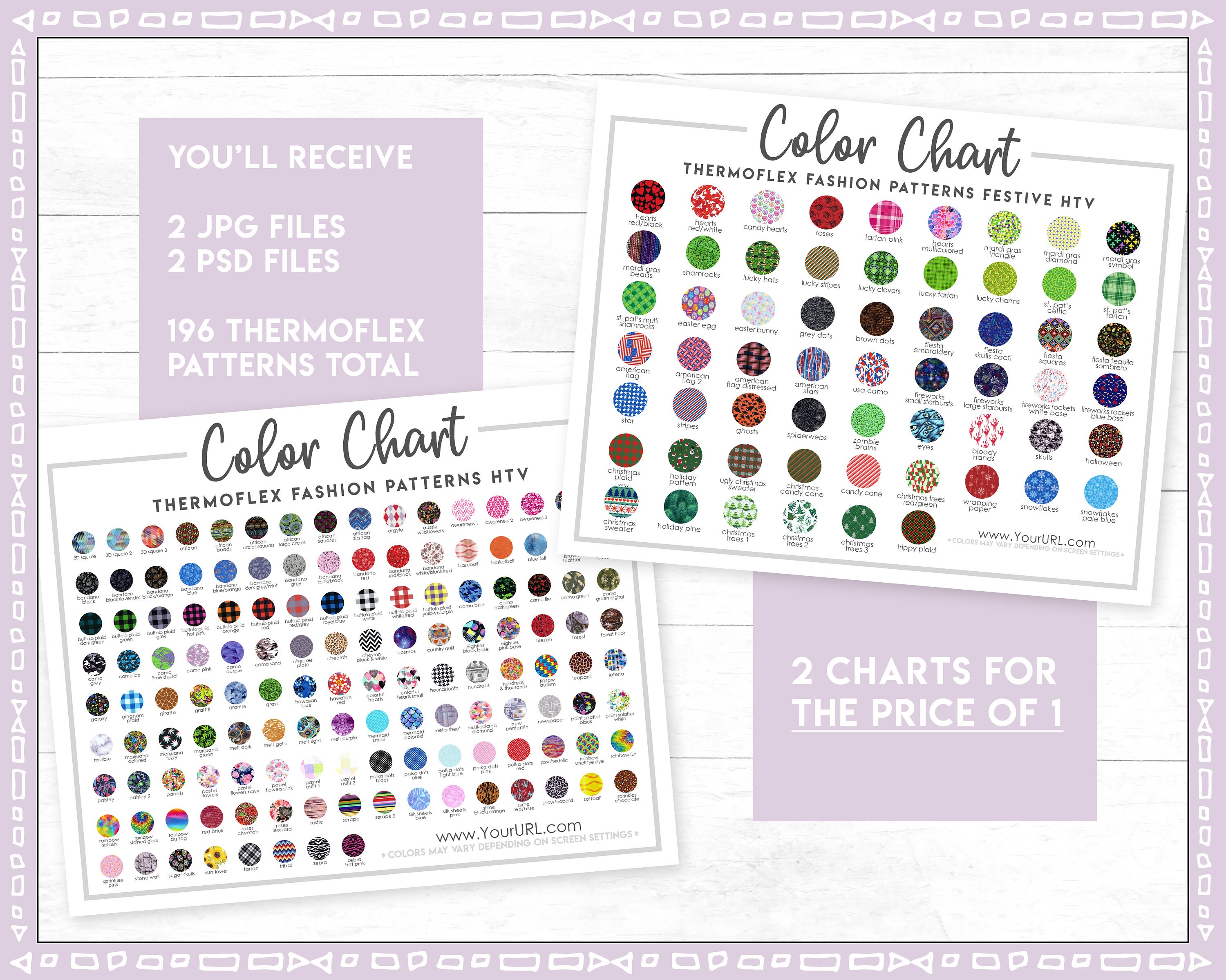 Thermoflex Patterns HTV Color Chart • 2 Charts Included • Semi-editable ...