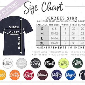 Semi-Editable Jerzees 21BR Size + Color Chart • Jerzees Dri Power Sport Youth T-Shirt Size Chart • Jerzees 21BR Color Chart • Jerzees 21B