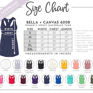 Tabla de tallas y colores semieditable Bella + Canvas 6008 • Tabla de tallas de camisetas sin mangas con espalda deportiva para mujer de Bella Canvas • Tabla de colores 6008