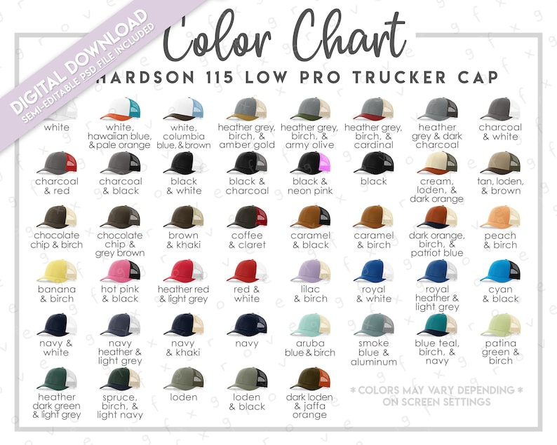 Semi-editable Richardson 115 Color Chart • Richardson Low Pro Trucker ...