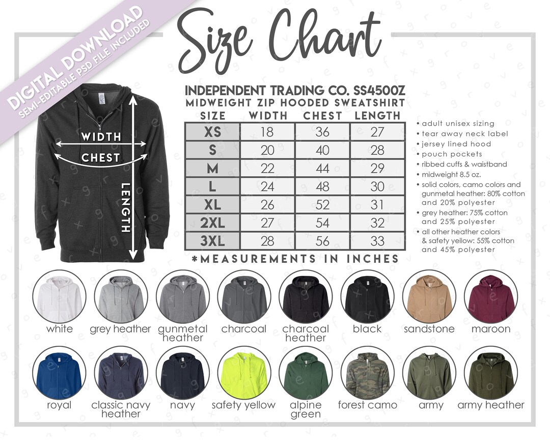 Independent Trading Company SS4500Z Size + Color Chart