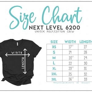 Next Level 6200 サイズ表 - Next Level ユニセックス ポリコットン Tシャツ サイズ表 - Next Level Tシャツ サイズ表 - NL6200 サイズ表