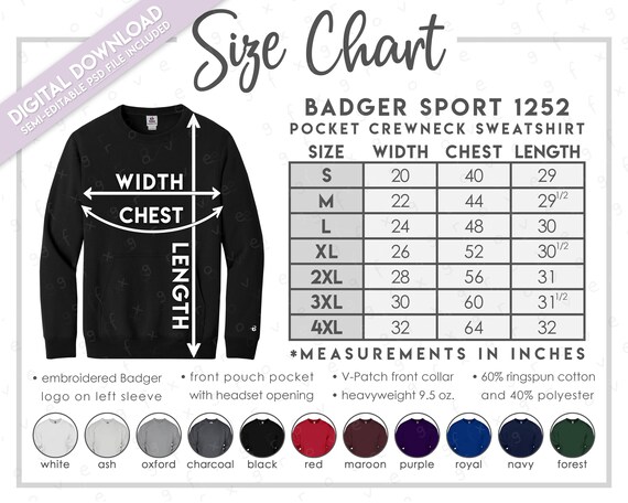 Semi-editable Badger Sport 1252 Size + Color Chart • Badger Pocket