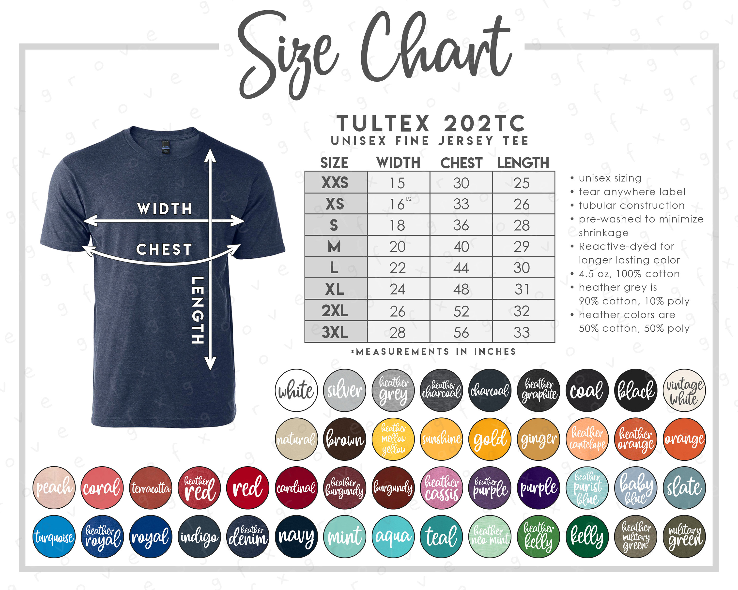 Tultex 202TC Size Color Chart 46 COLORS Tultex Unisex | Etsy Ireland