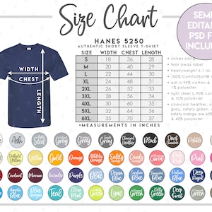 Semi-Editable Hanes 5250 Size Chart + Color Chart • Authentic-T Short Sleeve T-Shirt Size Chart • 5250 T-Shirt Color Chart • 5250 Size Chart