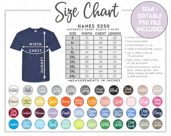 半編集可能なHanes 5250サイズ表 + カラーチャート • Authentic-T半袖T