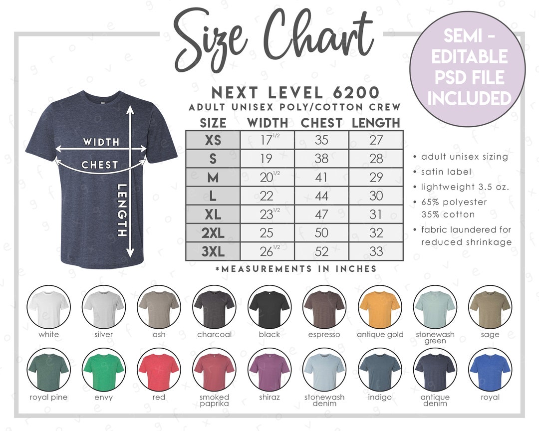 Semi-editable Next Level 6200 Size Color Chart Next Level Size Chart ...