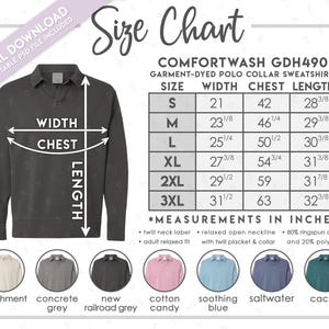 May include: Size chart for a garment-dyed polo collar sweatshirt in Comfortwash GDH490. The chart shows sizes S through 3XL with measurements in inches for width, chest, and length. The chart also includes a description of the fabric composition: 80% ringspun cotton and 20% polyester.