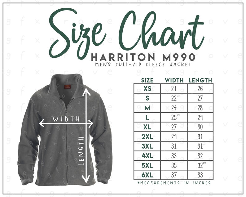 May include: Size chart for a men's full-zip fleece jacket by Harriton, model M990. The chart shows sizes XS through 6XL with corresponding width and length measurements in inches.