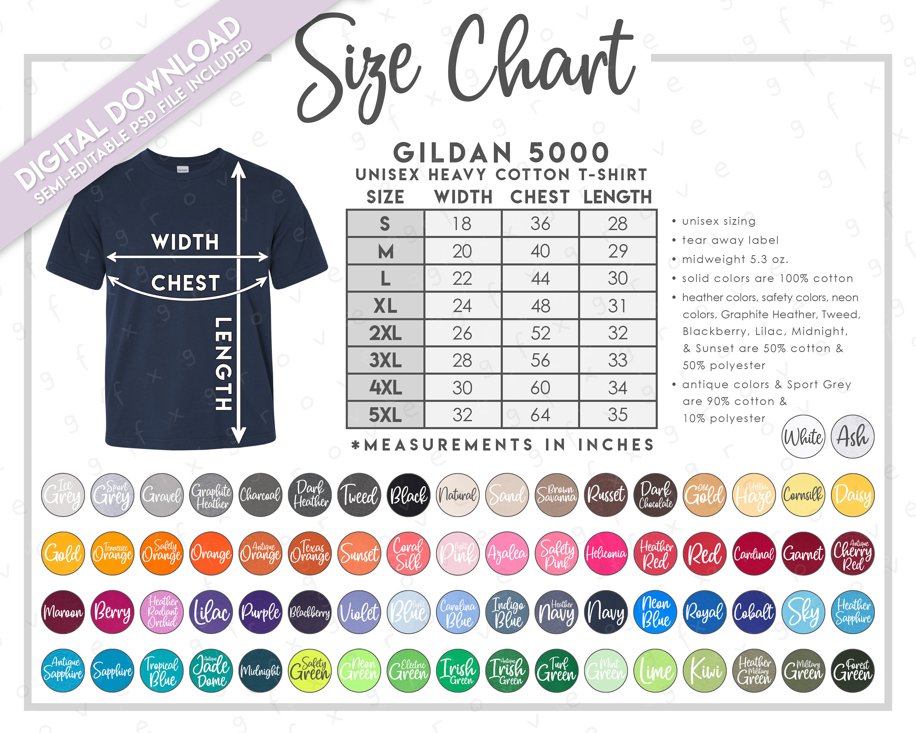 Semi-editable G500 Size Chart Color Chart Heavy Cotton Adult T-shirt Size  Chart 5000 T-shirt Color Chart G500 