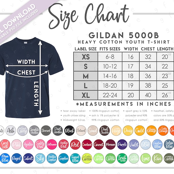 Semi Editable G500B Size Chart + Color Chart • Heavy Cotton Youth T-Shirt Size Chart • 5000B T-Shirt Color Chart • G500B