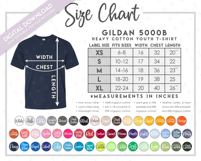 Semi Editable G500B Size Chart Color Chart Heavy Cotton | Etsy Canada