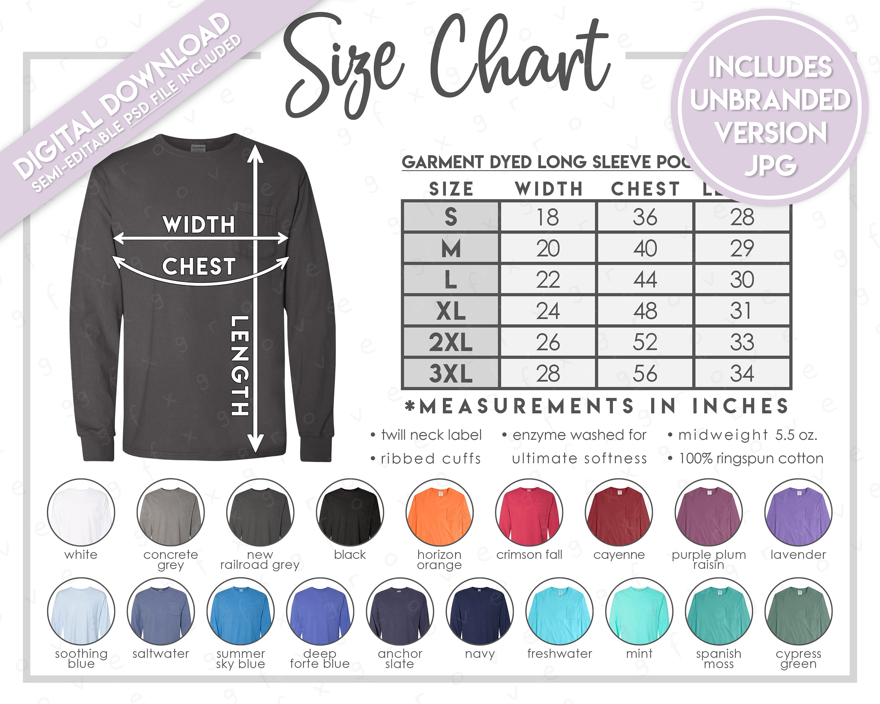 Semi-editable Comfortwash GDH250 Size + Color Chart • Hanes