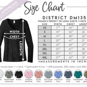 May include: Size chart for a women's long-sleeve v-neck t-shirt. The chart shows measurements in inches for width, chest, and length for sizes XS to 4XL. The shirt is described as a perfect tri long sleeve v-neck tee. The shirt is made of 50% polyester, 25% cotton, and 25% rayon.