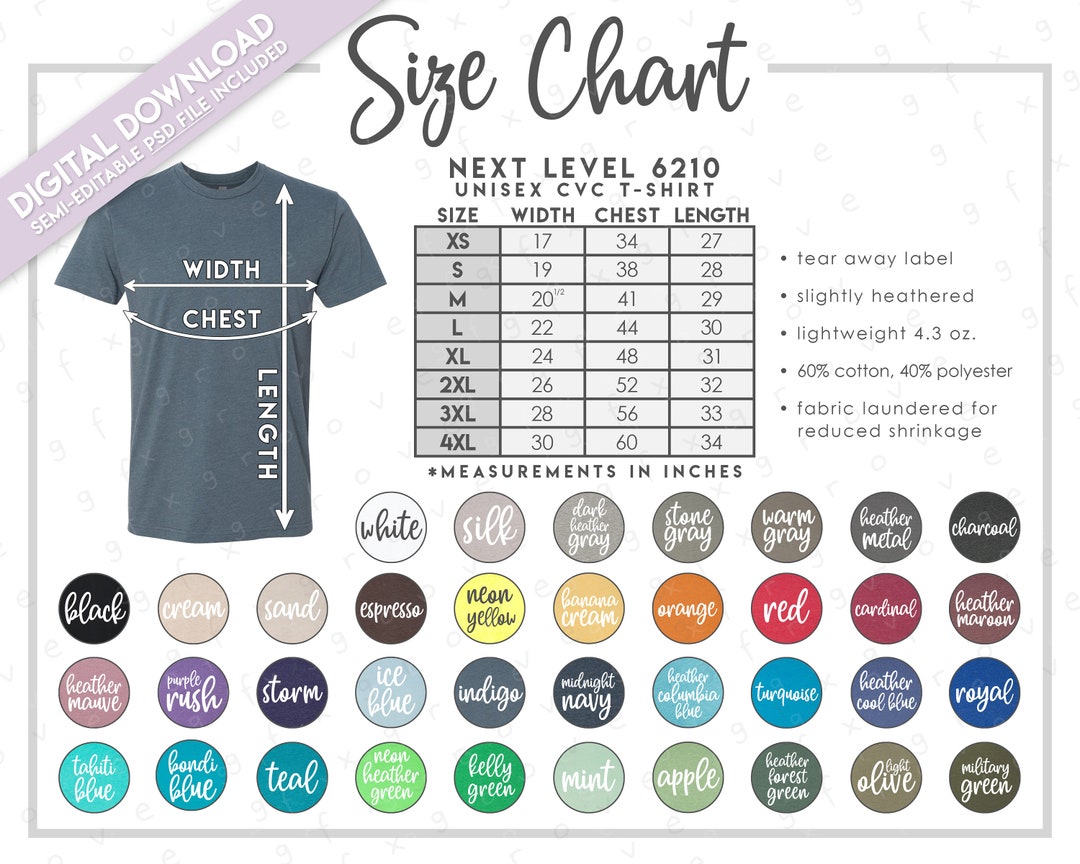 Semi-editable Next Level 6210 Size Color Chart 2 Versions - Etsy
