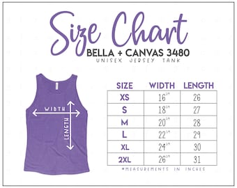 Bella + Canvas 3480 Size Chart - Bella Canvas Unisex Jersey Tank Size Chart - Bella Canvas B3480 - Bella and Canvas Tank Top Size Chart