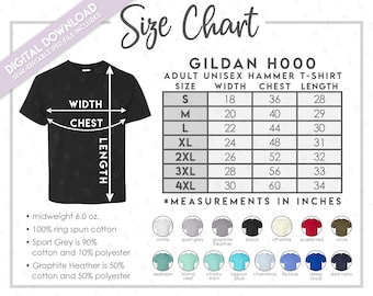 Semi-Editable Gildan H000 Size Chart + Color Chart • Gildan Adult Unisex Hammer T-Shirt Size Chart • H000 Color Chart • GH000 Size Chart