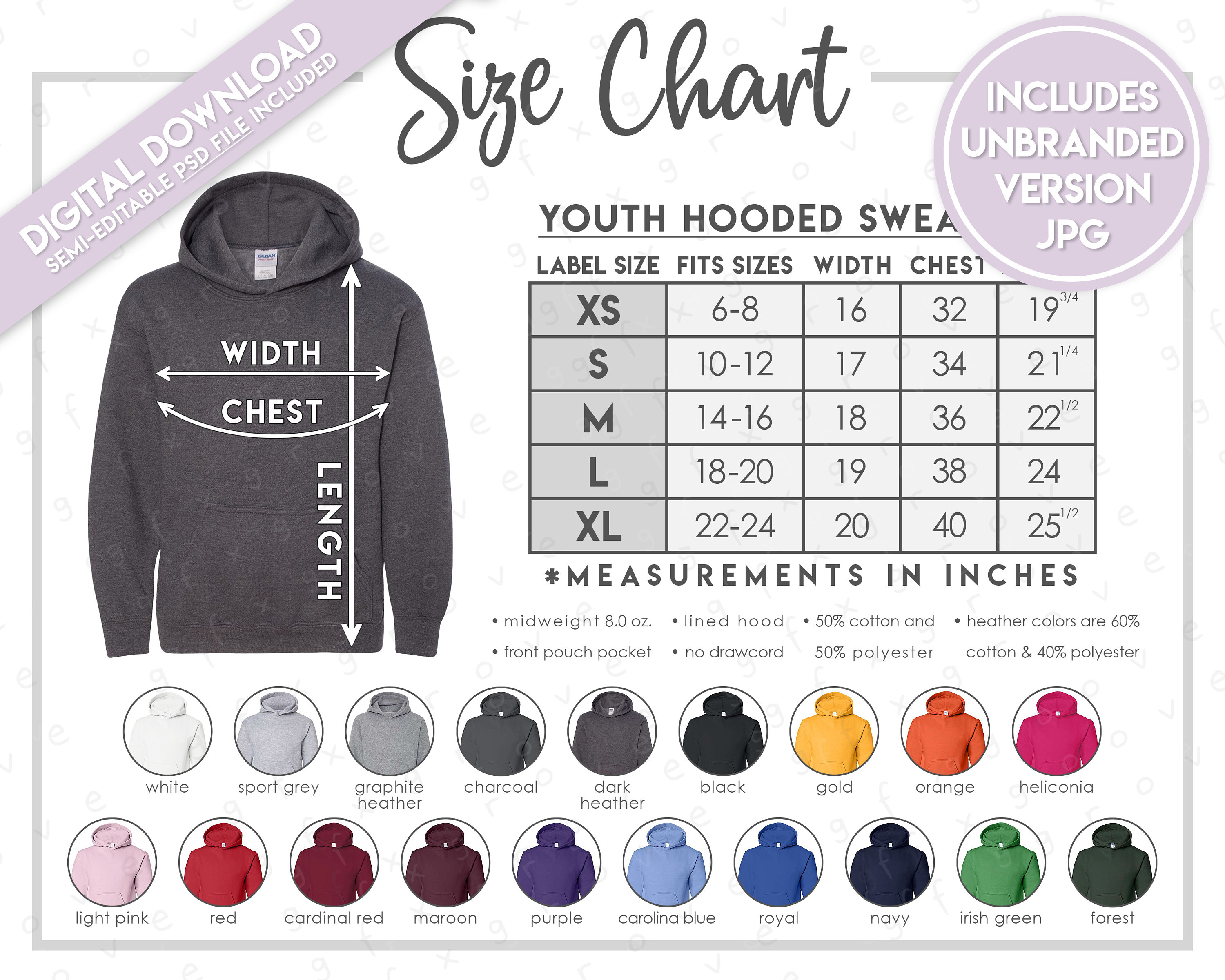 Semi-editable Gildan 18500B Size Chart Color Chart Gildan Youth Hoodie Size  Chart Gildan Youth Hooded Sweatshirt G185B 