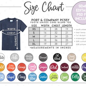 Semi-Editable Port & Company PC55Y Size + Color Chart • Youth Unisex Core Blend Tee Size Chart • PC 55Y Size Chart • PC55Y Color Chart