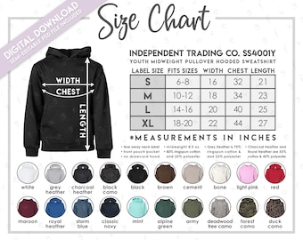 Semi-Editable Independent Trading Co. SS4001Y Size + Color Chart • Independent Trading Company Youth Midweight Hooded Sweatshirt Size Chart